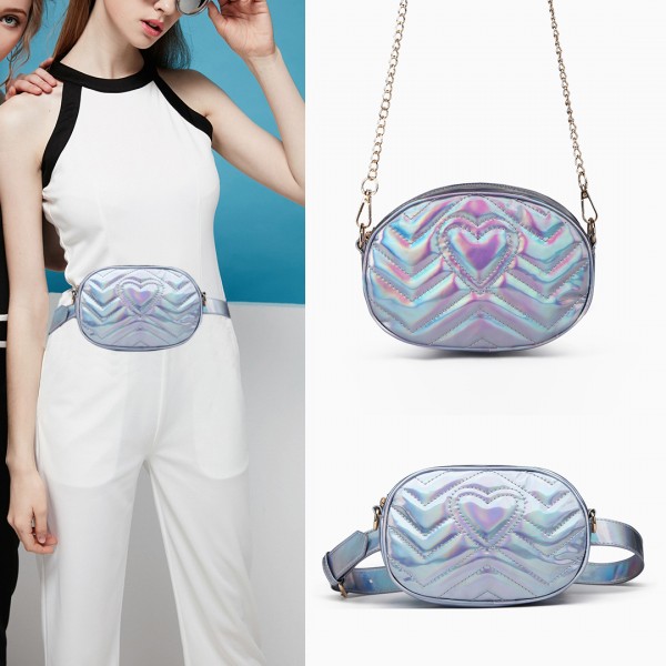 LH6834 - Miss Lulu Quilted Heart and Chevron Cross Body and Bum Bag - Iridescent Light Blue